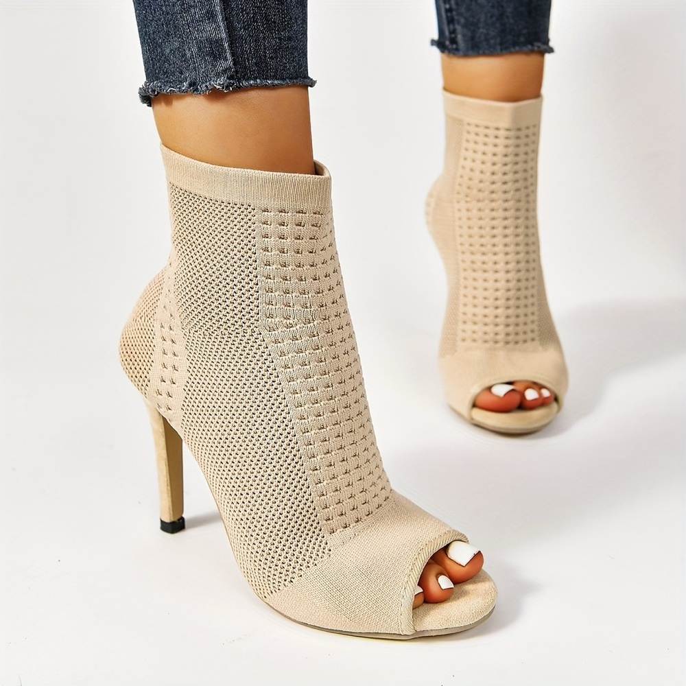 Women’s Slip-On Stiletto High Heel Ankle Boots – Beige (Size 36)